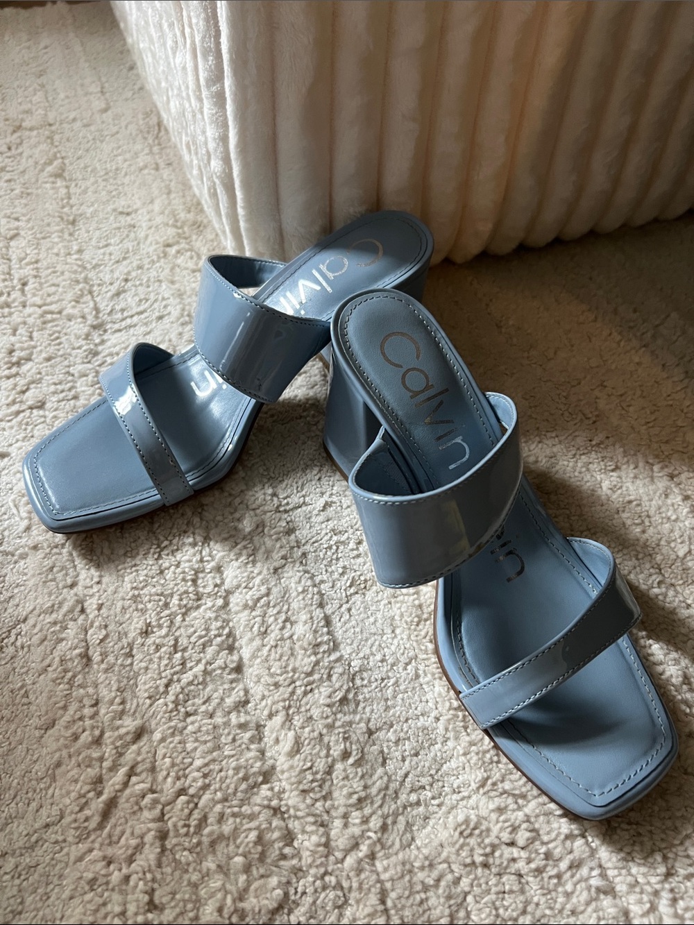 Calvin Klein Patent Double-Strap Block Heel Sandals in Dusty Blue